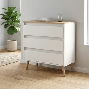 Nordic Style White Chest of Drawers with 3 Drawers and Wood Top Modern Two Tone Dresser Clothing Storage Cabinet