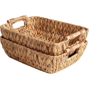 Hand-Woven Eco-Friendly Large Storage Baskets with Wooden Handles Water Hyacinth Wicker for Multifunction Organizing