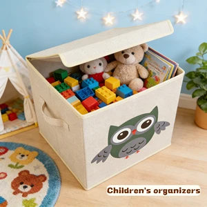 Beige Linen Owl Cartoon Kids Toy Storage Box With Lid - Foldable Fabric Organizer Bin For Nursery & Playroom
