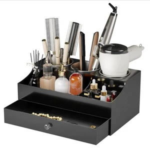 Black Acrylic Rectangle Modern Multifunction Desktop Hair Dryer Organizer Holder 3 Stainless Cups for Bathroom Makeup Storage