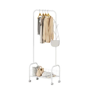 Movable White Iron Multifunctional Coat Rack with Wheels for Bedroom and Living Room Storage