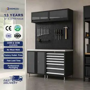 Modular Garage Workbench With Wall Cabinets Pegboard Lockable Steel Tool Storage System for Automotive Repair Workshop