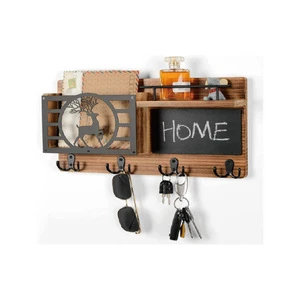 Wooden Key Hook Holder Wall Mount, Mail Organizer With Chalkboard