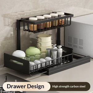 2-Tier Kitchen Organizer Sliding Drawer Storage Rack Under Sink Organizer Carbon Steel Spice Rack Countertop Cabinet Pantry