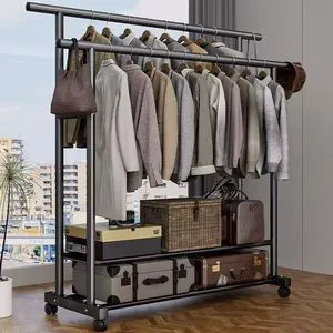 Large Capacity Custom Modern Space-Saving Movable Double Rod Coat Rack Storage Organizer Shelves Bedroom Bathroom Balcony Metal