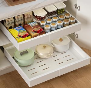 Adhesive Expandable Pull-Out Metal Cabinet Organizer Storage Drawer for Kitchen Bathroom & Garage-Durable Eco-Friendly