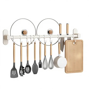 High Quality Space Aluminum Punch-Free Wall Mounted Kitchen Rack With Movable Hooks For Pot Lid And Utensil Storage