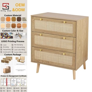 3 Drawer Dresser for Bedroom, Rattan Dresser Modern Wood Chest of Drawers with Spacious Storage for Bedroom Hallway Living Room