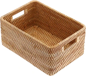 High-quality Rectangular Hand-woven Rattan Basket with Handle, 13.8x9.8x6.3, Multi-purpose Storage Box