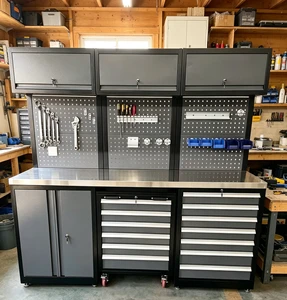 Customize Garage Workstation Tool Cabinet Metal Modular Storage System 1.5M Workstation with Top Cabinet Stainless Steel Desktop