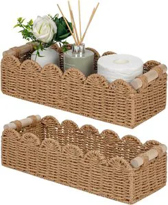 Handmade Scalloped Edge Paper Rope Storage Basket With Wooden Handles Boho Rectangular Bathroom Toilet Paper Organizer Bin