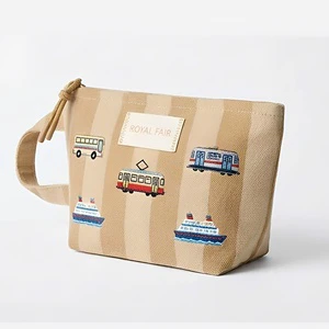 Royal Fair Custom Size Logo Stripe Beige Stripe Vehicle Embroidered Cosmetic Linen Canvas Makeup Wash Toilet Bag Organizer