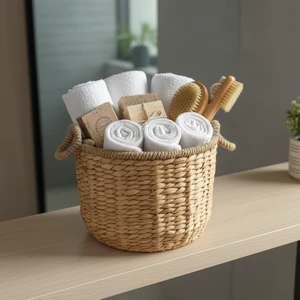 Natural Water Hyacinth Woven Hanging Storage Basket with Handle Eco-Friendly Handmade Clothes & Laundry Organizer