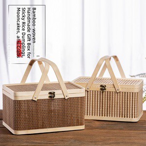 New Chinese Style Eco-Friendly Bamboo Woven Box-Portable Double Handles Rectangular Storage Basket For Dragon Boat Festival