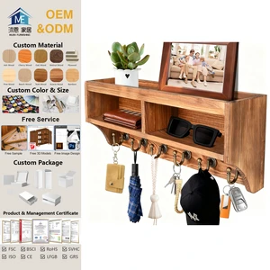 Foldable Eco-Friendly Wood Wall Mount Key Holder & Mail Organizer with 6 Key Hooks and Storage Box for Entryway