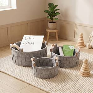 Home Bedroom Small Spaces Aesthetic Custom Woven Felt Fabric Nesting Round Storage Basket Wooden Handle