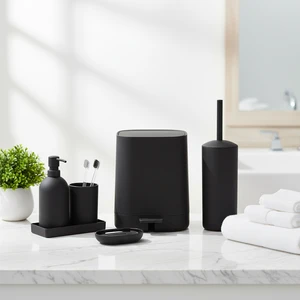 Luxury 6 Piece Nordic Resin Bathroom Accessories Set With Trash Can BambooToilet Brush Toothbrush Holder Polyresin Bathroom Set