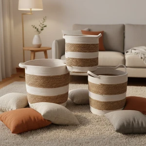 Woven Blanket Storage Basket with Handle Cotton Rope Basket