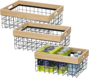 Metal Wire Baskets for Organizing Wood Top with Handles Storage Organizer Farmhouse Decor