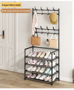 Shoe and Coat Rack Combo, Metal Storage Stand with Hooks for Hallway Entry