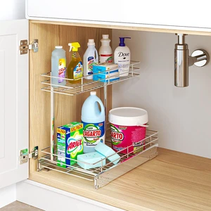 2 Tier Pull Out Cabinet Organizer Wire Basket Heavy Duty Slide Out Kitchen Cabinet Storage Organization Sliding Shelves