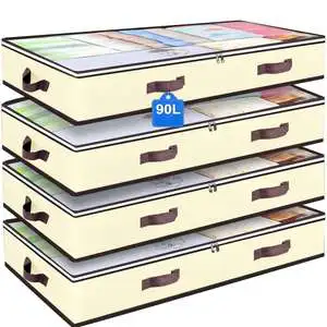 Pack of 4 Under the Bed Storage Bins for Clothes Blankets Winter Clothing & Shoes - Underbed Storage Containers With Handles