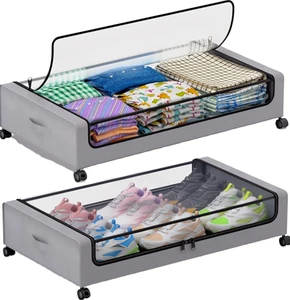 Under Bed Storage Container with Wheels Lid Dustproof Underbed Organizer Box for Clothes Shoes Bedroom Storage Organizer