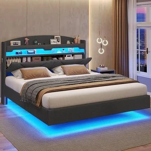 King Size Padded Bed With Charging Station And Hidden Storage Headboard Does Not Require Spring Box Dark Grey