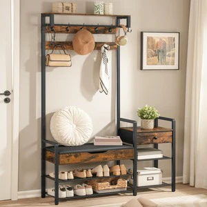 Rustic Brown Black 5 in 1 Wood Coat Rack with Bench Flip Storage Box Coat Hooks Shoe Rack Entryway Organizer
