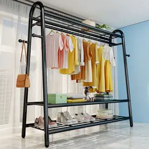 Multifunctional Large Capacity Floor Standing Metal Coat Rack With Hooks and Storage Shelves for Bedroom Use