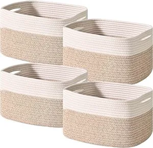 Modern Rectangle Cotton Rope Woven Foldable Storage Basket With Hollow Handles For Organizing Toys Books Clothes