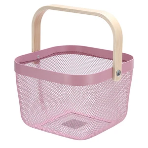 Wholesale Multi-functional square Shape Wire Fruit Basket With Wood Handle