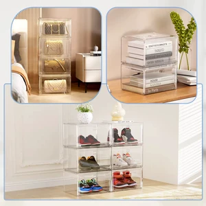 Clear Stackable Drawer-Type Magnetic Plastic Shoe Storage Box for Home Closet Living Room Entryway Shoe Organization