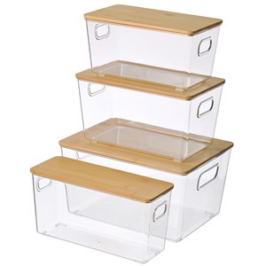 Clear Plastic Storage Basket Bin Bamboo Cover Lids PET Bin with Bamboo Lid Storage Box Container with Handle Wood Bamboo Lid