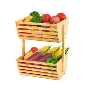 Large Capacity Bread Vegetable Storage Containers Bowl 2 Tier Bamboo Drain Fruit Basket For Kitchen Countertop