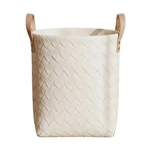 Woven Leather Storage Basket Collapsible Organizer Bin with Side Handles for Bedroom Nursery Closet