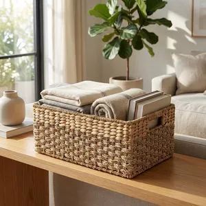 Natural Seagrass Hyacinth Woven Basket With Handles, Medium Rectangular Organizer Bin For Bedroom Pantry Shelves Home Decor