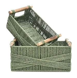 Woven Storage Basket with Wooden Handles, Water Hyacinth Storage Basket, Green Color