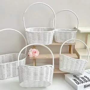 White Woven Plastic Rattan Handle Basket Gift Storage for Wedding Flower Fruit Picnic Home Organizer Multiple Sizes