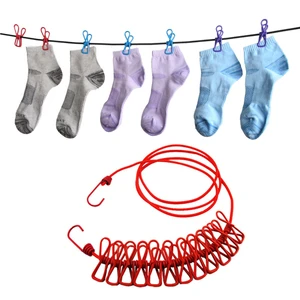 Multifunctional Drying Rack Clothes Line With 12 Clips Cloth Hangers Steel Clothes Line Pegs Portable Travel Clothespins