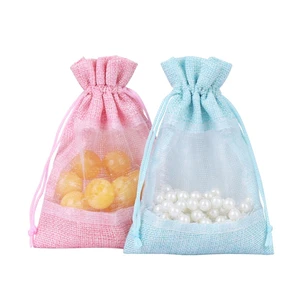 Custom Jute Bag with Organza Window Drawstring Gift Pouches 15x20cm for Christmas Candy Cookie Storage