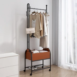 Modern European Iron Heavy Duty Metal Cloth Hanger Coat Rack Leather Storage Basket Easy Assembly Space-Saving Living Room