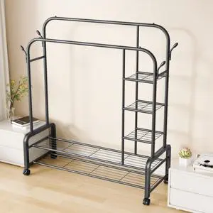 Multifunctional Movable Clothes Rack with Side Storage Shelves Thickened Metal Coat Rack Stand Stable Load-bearing Capacity