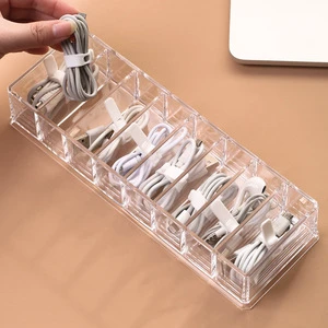 Cable Organizer with 10 Wire Ties, Clear Plastic Cord Charger Storage Box with Cable Strap for Home Office Desk