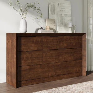 Walnut Finish 8 Drawer Wide Dresser Hidden Handle Panel Chest of Drawers Thick Tabletop Modern Bedroom Storage Organizer