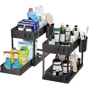 Kitchen Organizers Storage Pull Out Cabinet Storage Rack 2 Tier Under Sink Organizer with Sliding Drawer Storage Holders Shelf