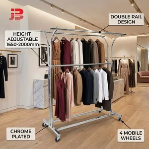 Modern Adjustable Height Double Bar Garment Rack Floor Standing Clothing Display Rack with Wheels for Boutique Store