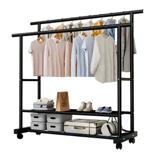 Large Capacity Movable Double Rod Metal Coat Rack Organizer Bedroom/Balcony Storage Shelves for Clothes & Shoes clothes hanger
