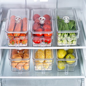 Refrigerator Organizer Food Plastic Storage Container Vegetable Stackable Storage Box With Drain Plate And Date Picker