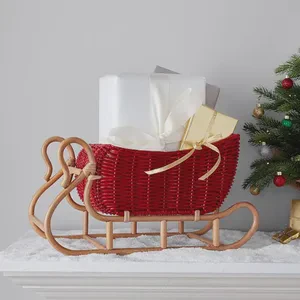 New Arrival Christmas Red Rattan Sleigh Storage Basket for Home Decoration Xmas Wholesale Products Items Decorative Gift Items